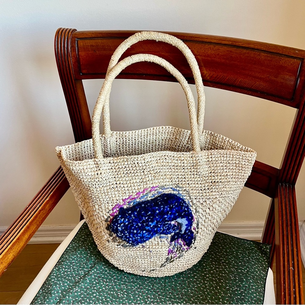 Handwoven Natural Raffia Straw Tote Bag with Blue Whale Embroidery